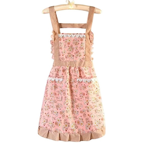 Apron Retro Bib Style Adjustable Waist Tie Floral Polka Dot Womens Pink Tan OS - Picture 2 of 16